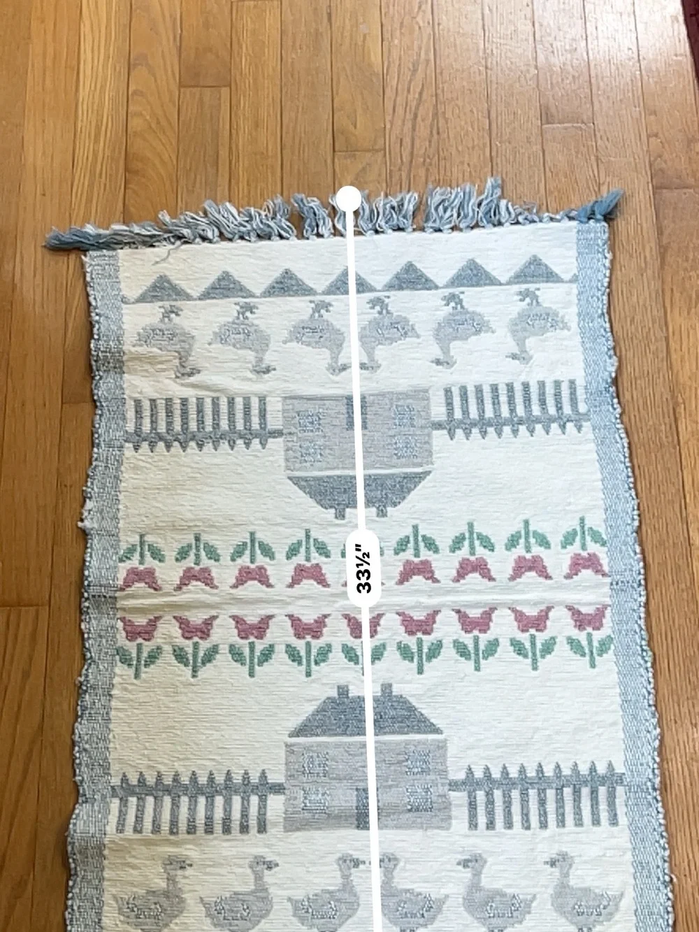Handwoven Farmhouse Throw Rug with House, Duck & Floral Motifs - Cream & Blue